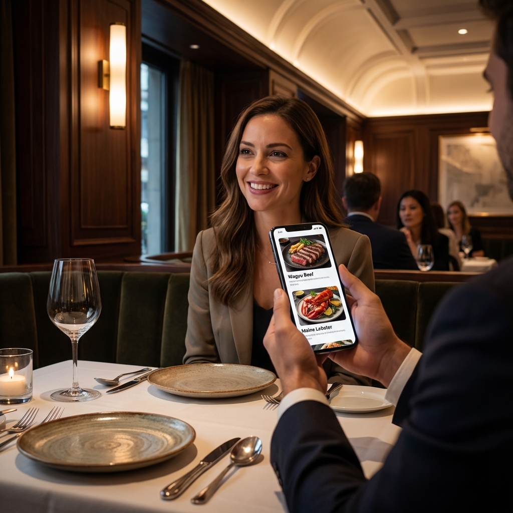 Customer using AroiQR app to order Thai food at restaurant table